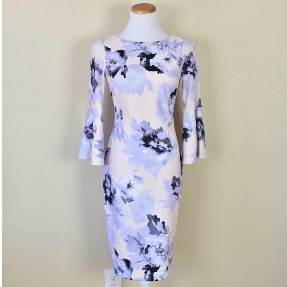 Calvin Klein Floral Bell-Sleeve Sheath Dress in Lavender